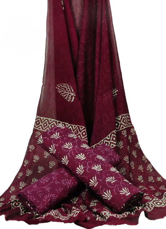 Hand Block Printed Pure Cotton Unstitched Suit With Chiffon Dupatta - JBGC135