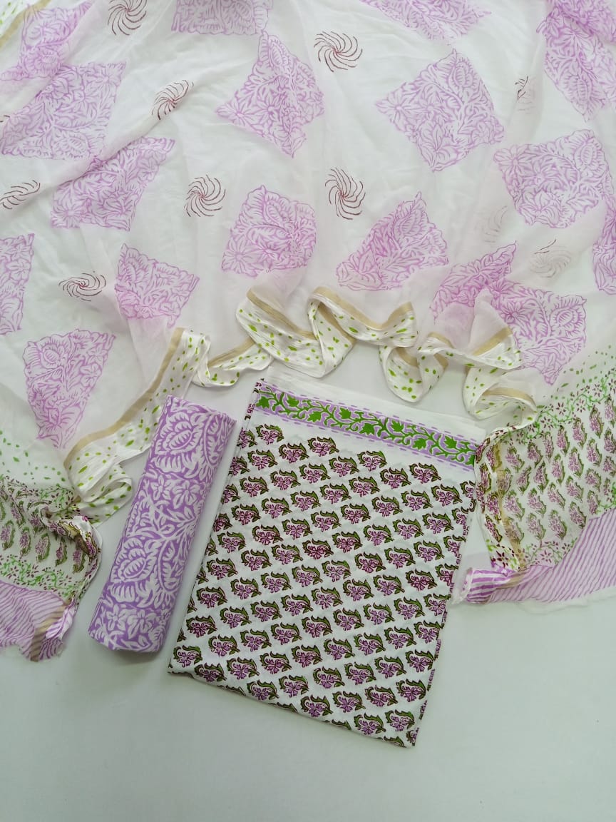 White Base Purple & Green Buti Hand Block Printed Unstitched Cotton Suit with Chiffon Dupatta - JB93