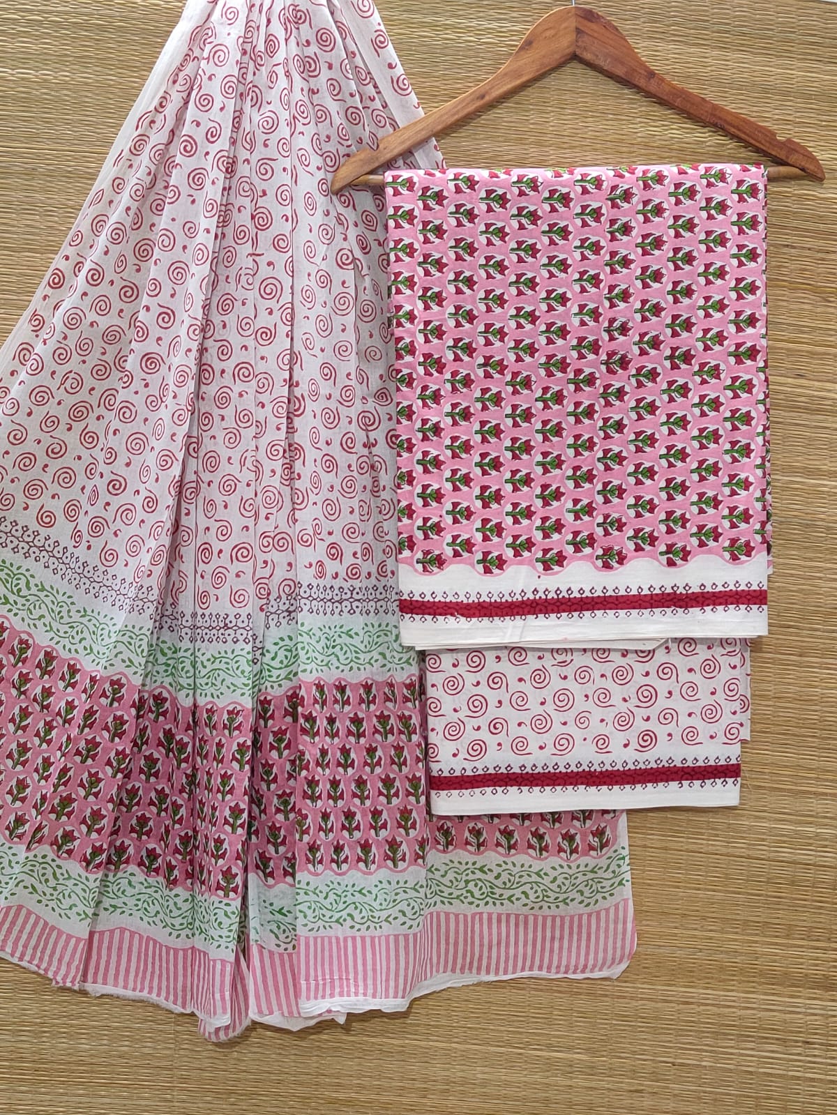 Pure Cotton Hand Block Unstitched Salwar Suit Set With Cotton/Mulmul Dupatta - JBOCM92