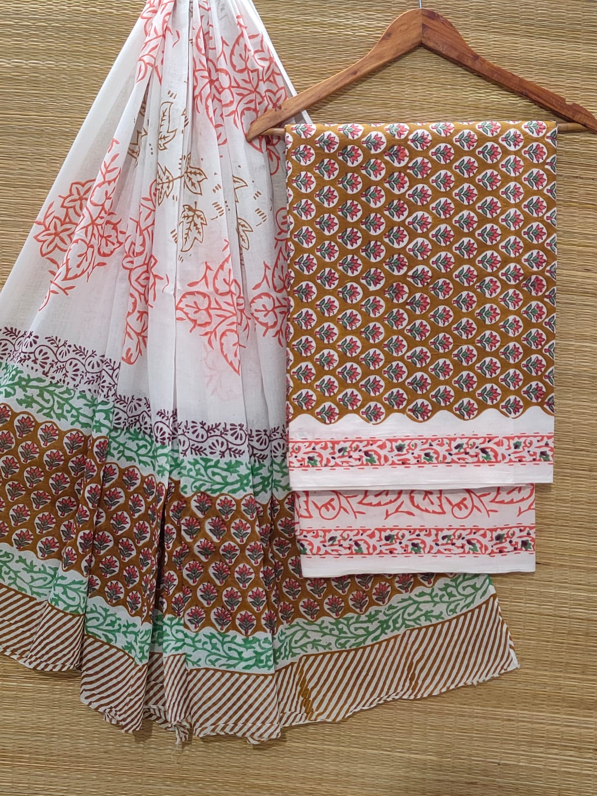 Pure Cotton Hand Block Unstitched Salwar Suit Set With Cotton/Mulmul Dupatta - JBOCM97