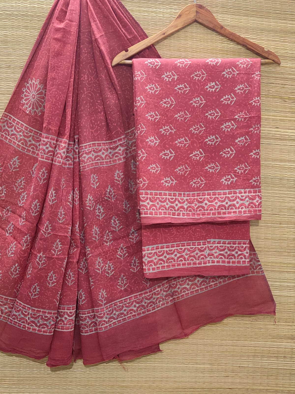 Pure Cotton Hand Block Unstitched Salwar Suit Set With Cotton/Mulmul Dupatta - JBOCM103