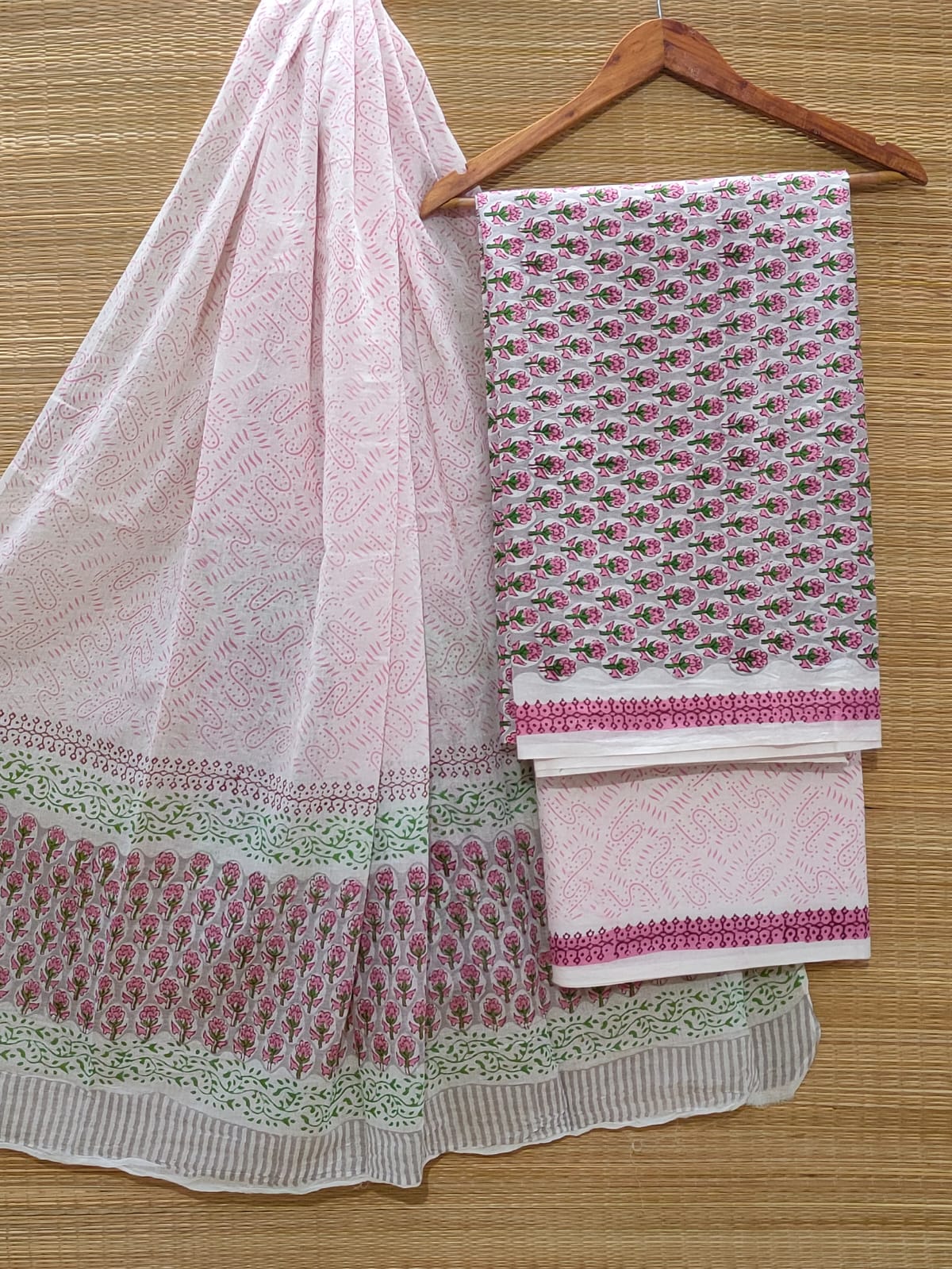 Pure Cotton Hand Block Unstitched Salwar Suit Set With Cotton/Mulmul Dupatta - JBOCM28