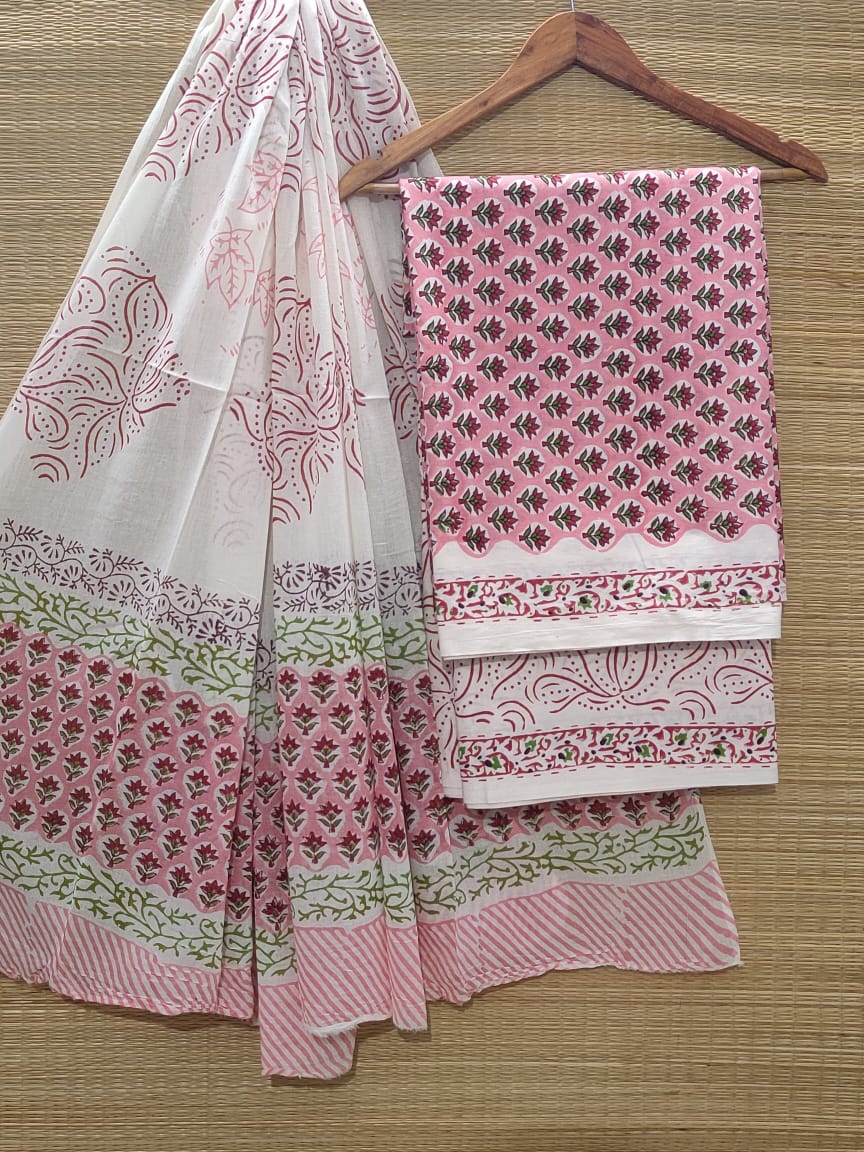 Pure Cotton Hand Block Unstitched Salwar Suit Set With Cotton/Mulmul Dupatta - JBOCM5