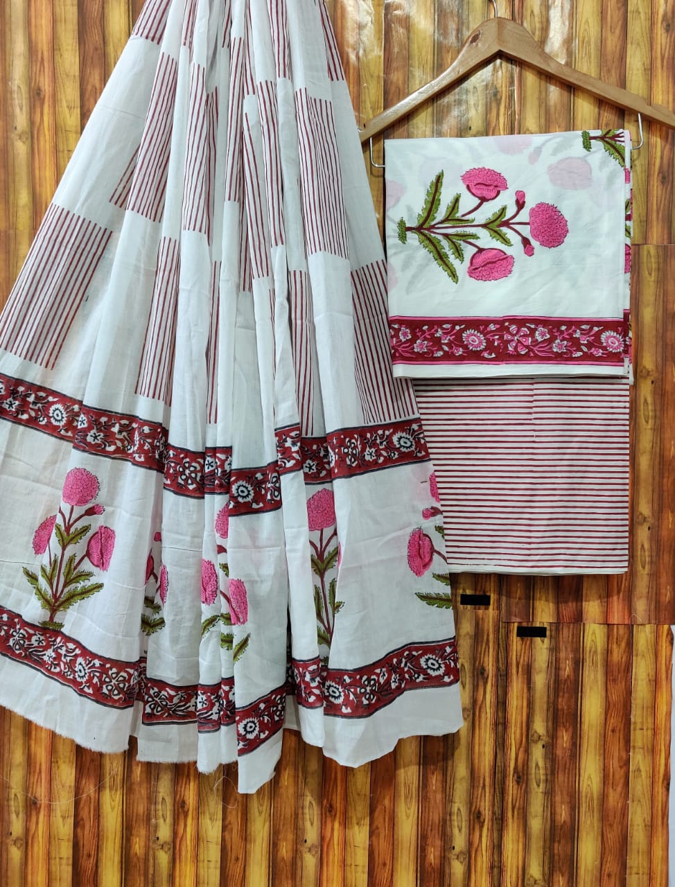 Hand Block Printed Pure Cotton Unstitched Salwar Suit Set With Cotton/Mulmul Dupatta - JBCM543