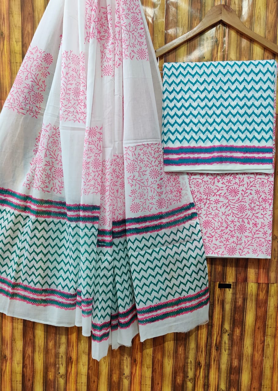 Pure Cotton Hand Block Printed Unstitched Salwar Suit Set With Cotton/Mulmul Dupatta - JBCM544