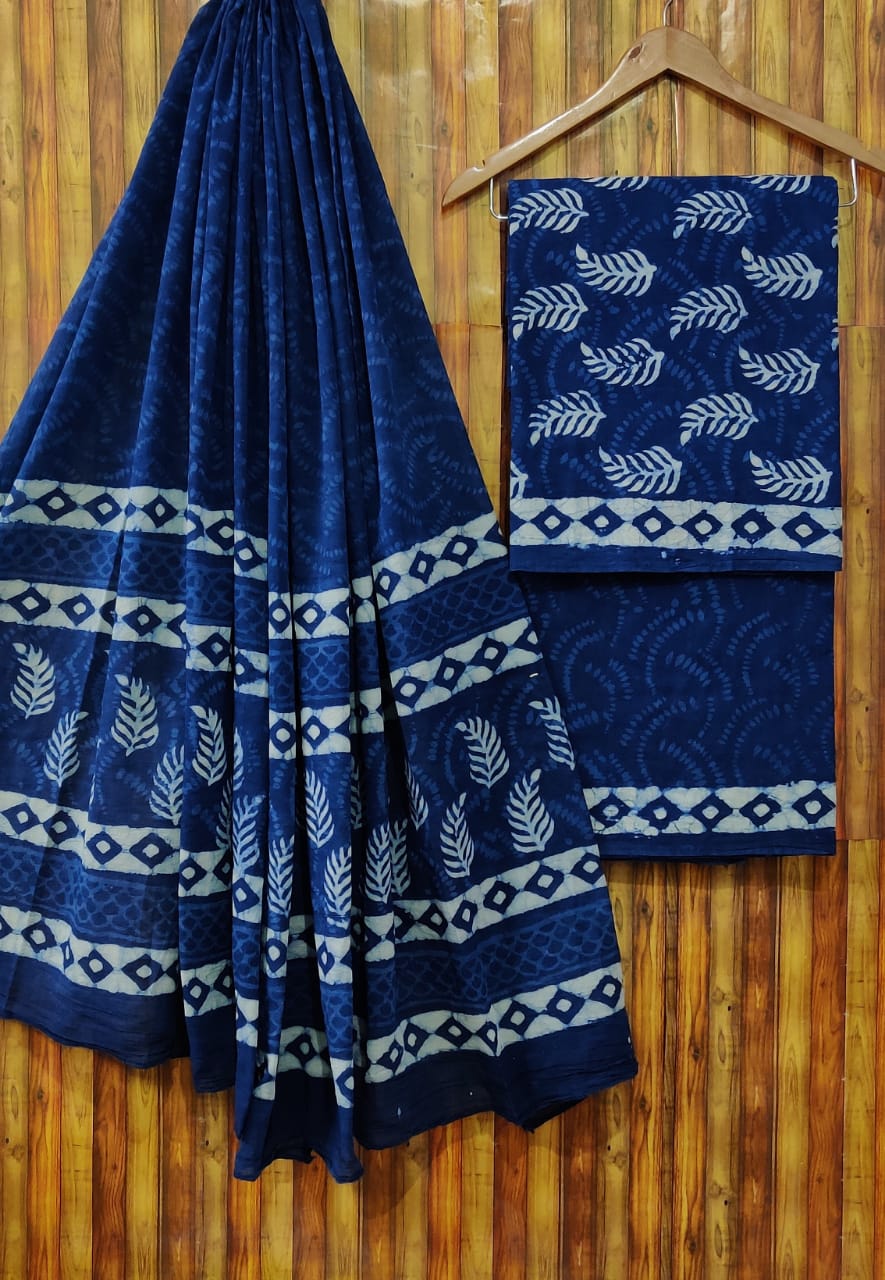 Hand Block Printed Pure Cotton Unstitched Salwar Suit Set With Cotton/Mulmul Dupatta - JBCM547