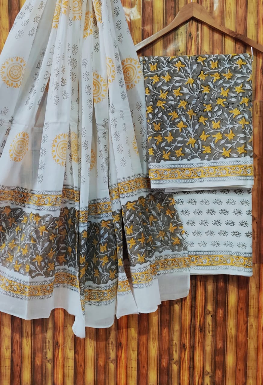 Hand Block Cotton Unstitched Salwar Suit With Cotton/Mulmul Dupatta - JBCM570