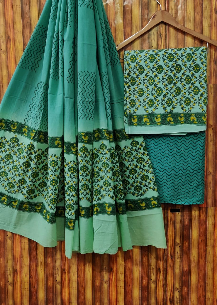 Hand Block Cotton Unstitched Salwar Suit With Cotton/Mulmul Dupatta - JBCM574