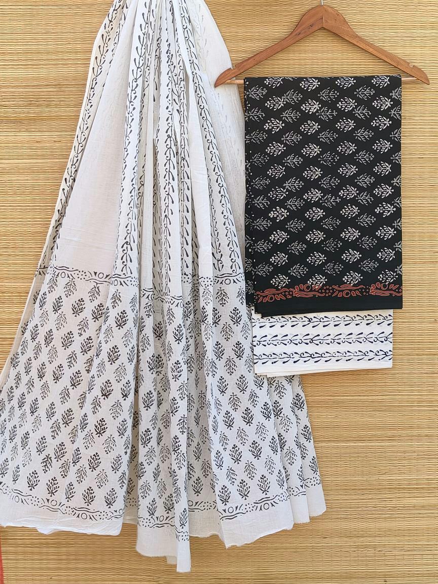 Pure Cotton Hand Block Printed Unstitched Salwar Suit Set With Cotton/Mulmul Dupatta - JBCM480