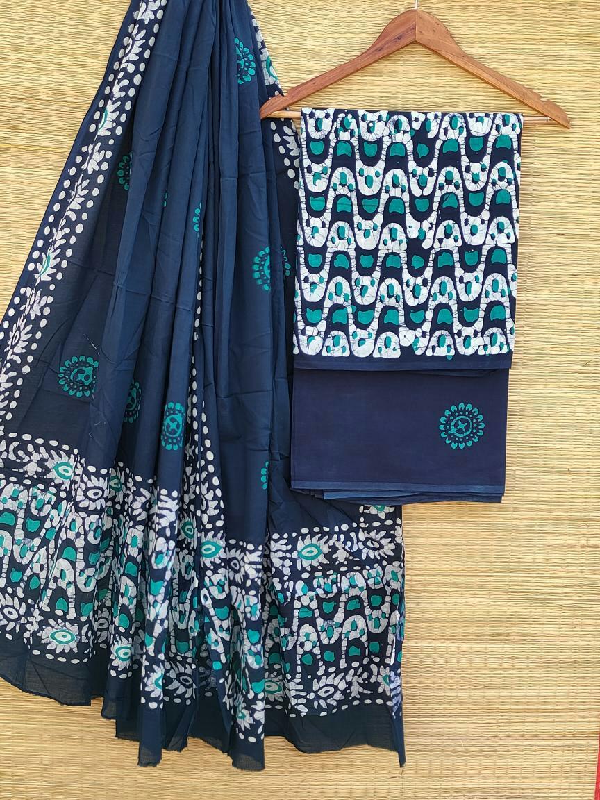 Pure Cotton Hand Block Printed Unstitched Salwar Suit Set With Cotton/Mulmul Dupatta - JBCM488