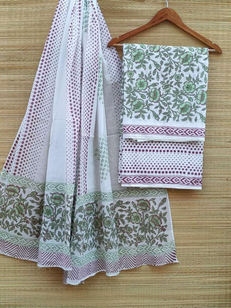 Hand Block Cotton Unstitched Salwar Suit With Cotton/Mulmul Dupatta - JBCM510