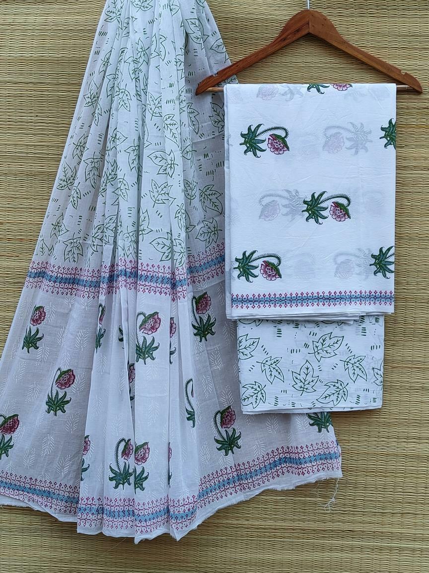 Hand Block Cotton Unstitched Salwar Suit With Cotton/Mulmul Dupatta - JBCM530