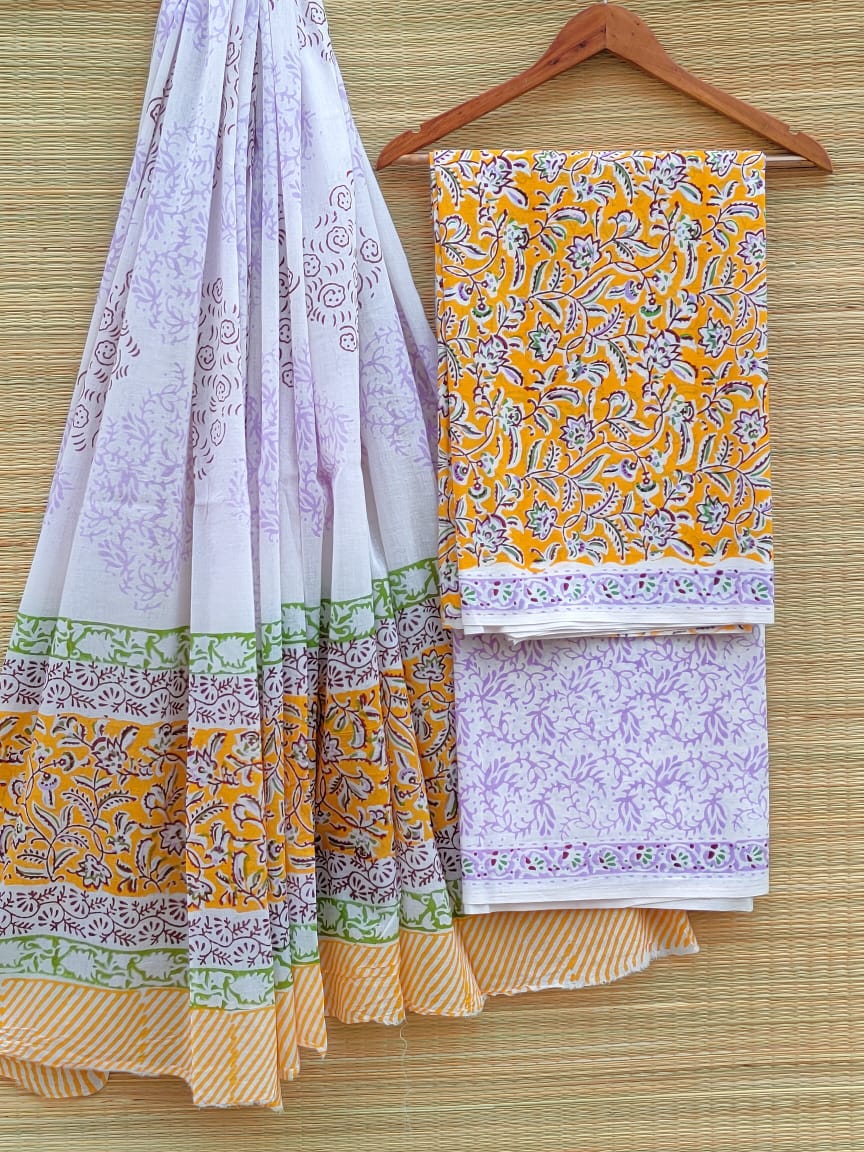 Hand Block Printed Pure Cotton Unstitched Salwar Suit Set With Cotton/Mulmul Dupatta - JBCM535