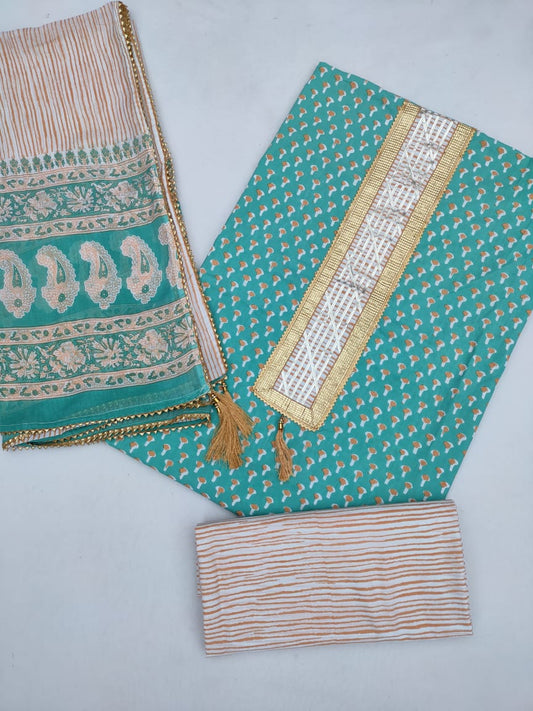 Jaipuri Cotton Hand Block Printed Gota Patti Suit with Cotton Dupatta- JBGP140