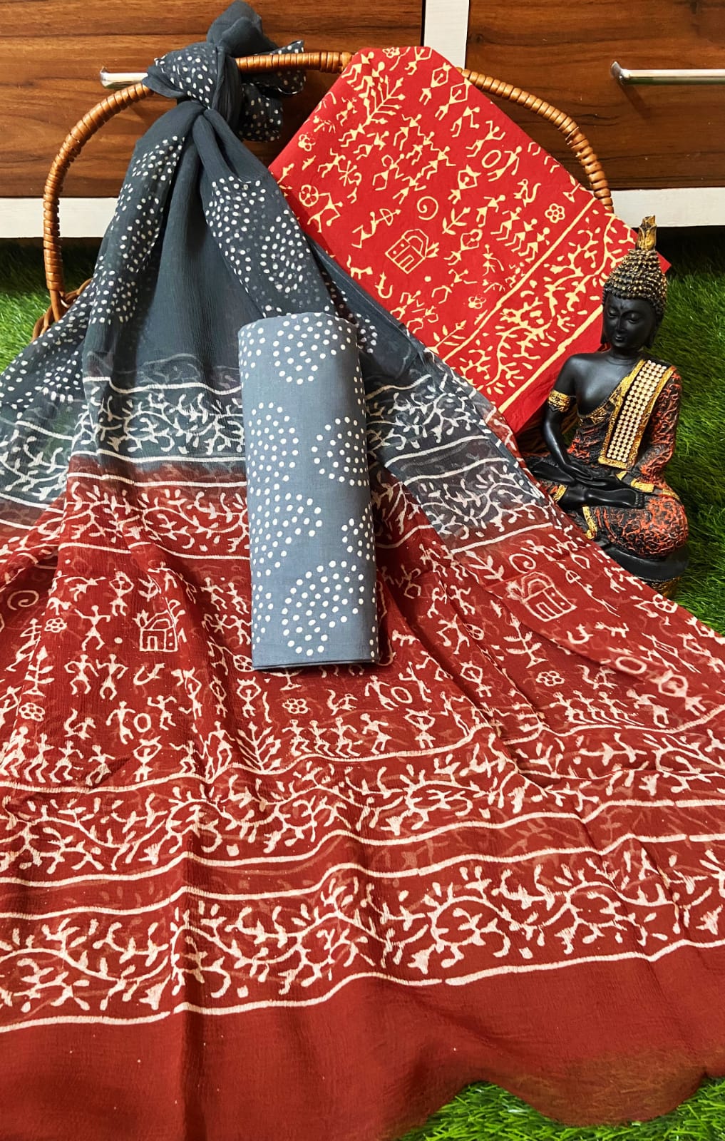 Hand Block Printed Unstitched Cotton Suit Set With Chiffon Dupatta - JBCF878