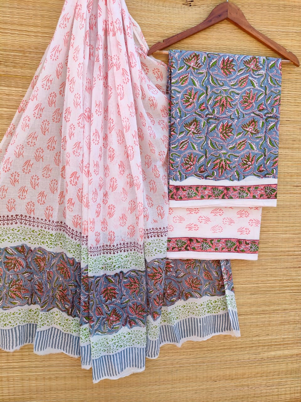 Hand Block Printed Pure Cotton Unstitched Salwar Suit Set With Cotton/Mulmul Dupatta - JBCM714