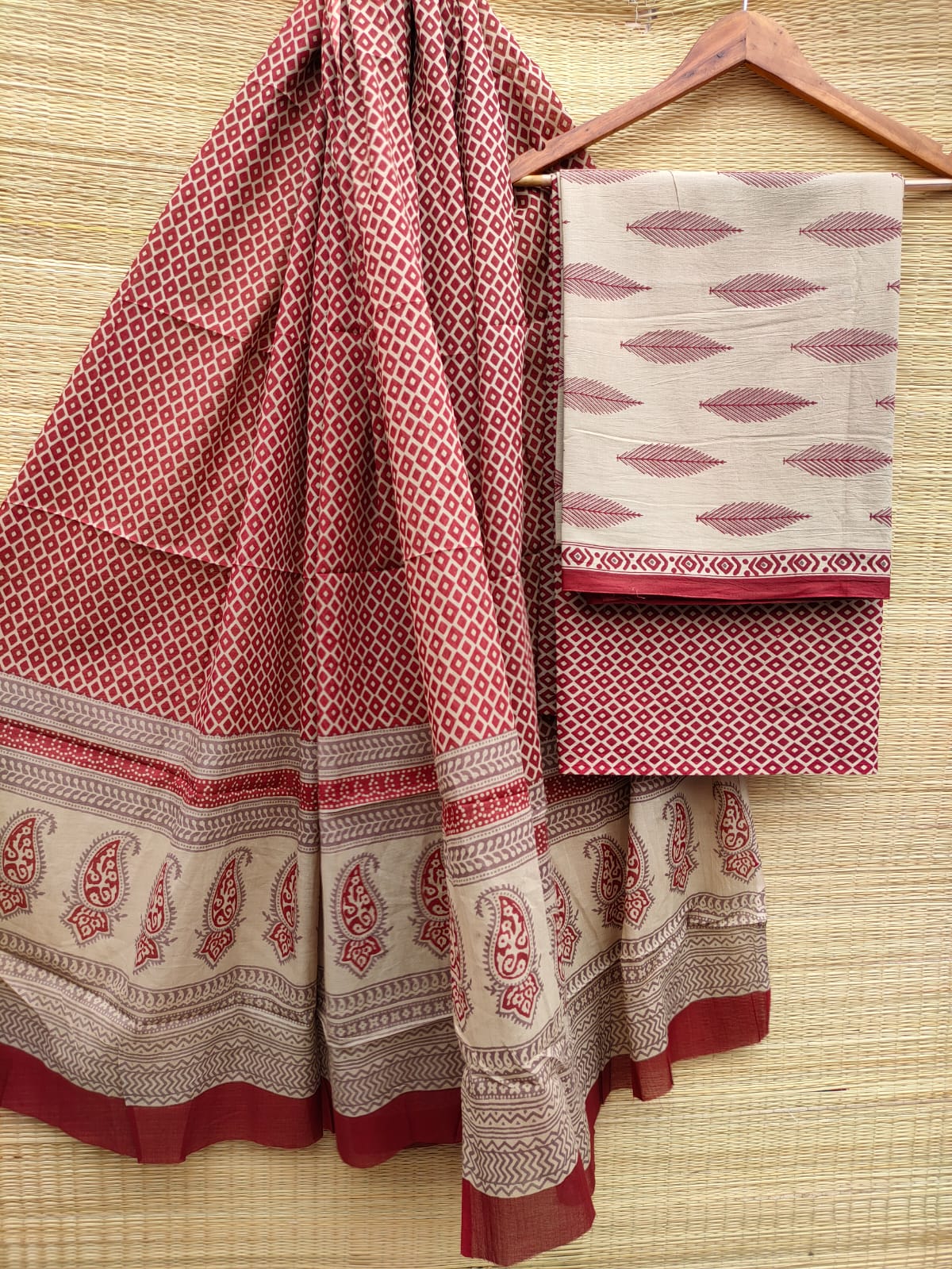 Pure Cotton Hand Block Unstitched Salwar Suit Set With Cotton/Mulmul Dupatta - JBCM809