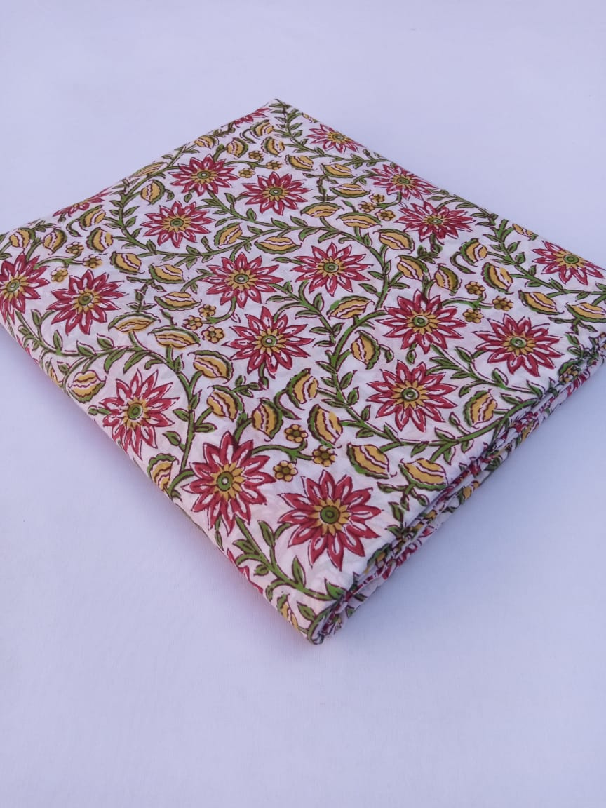 White Base Multi Colored Floral Kalamkari Print Pure Cotton Hand Block ...