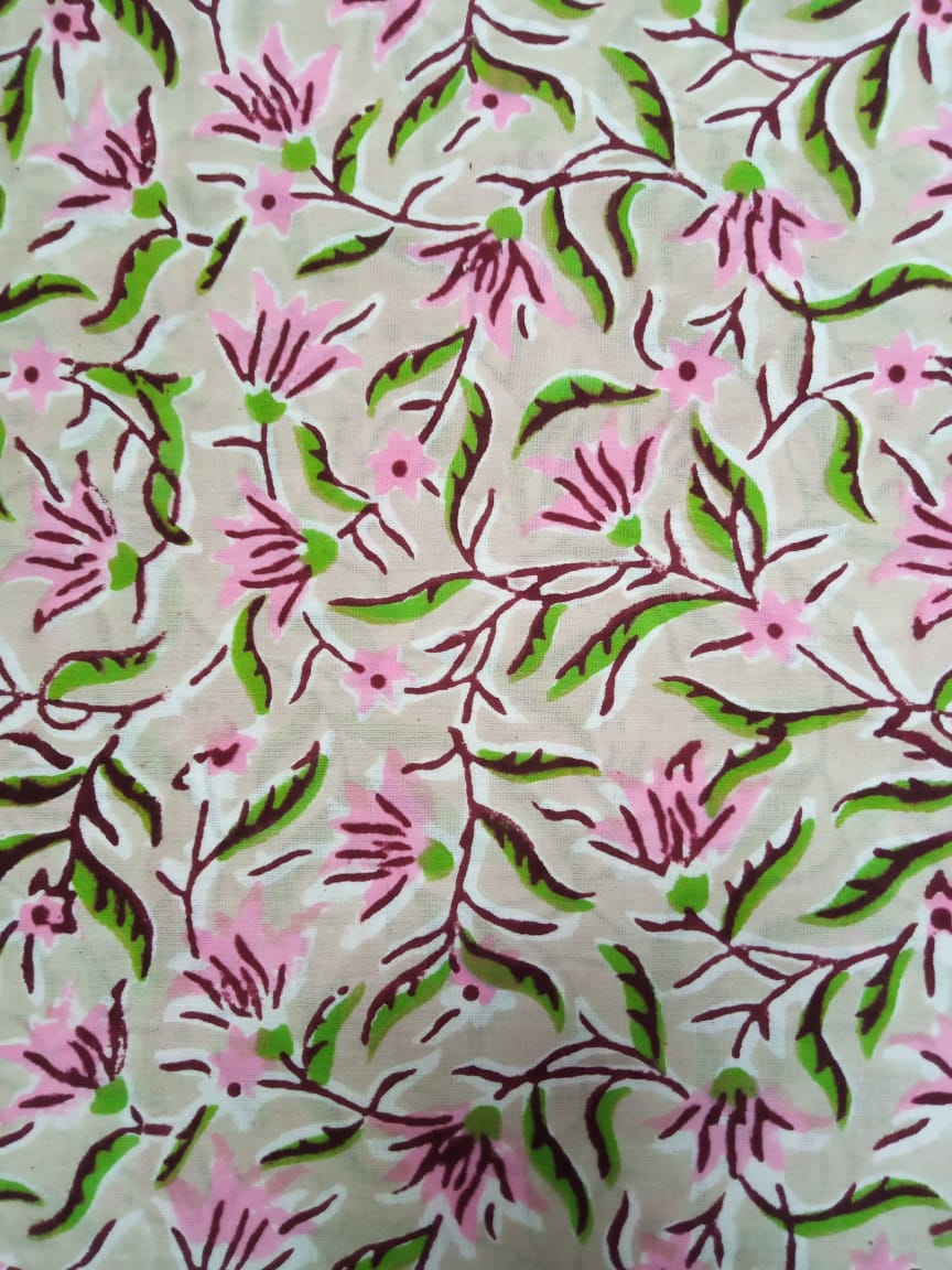 Beige Multi Florals Hand Block Printed Pure Cotton Unstitched Salwar Suit with Chiffon Dupatta - JB36