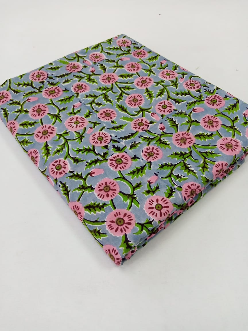 Gray with Pink & Green Florals Pure Cotton Hand Block Printed Fabric ...