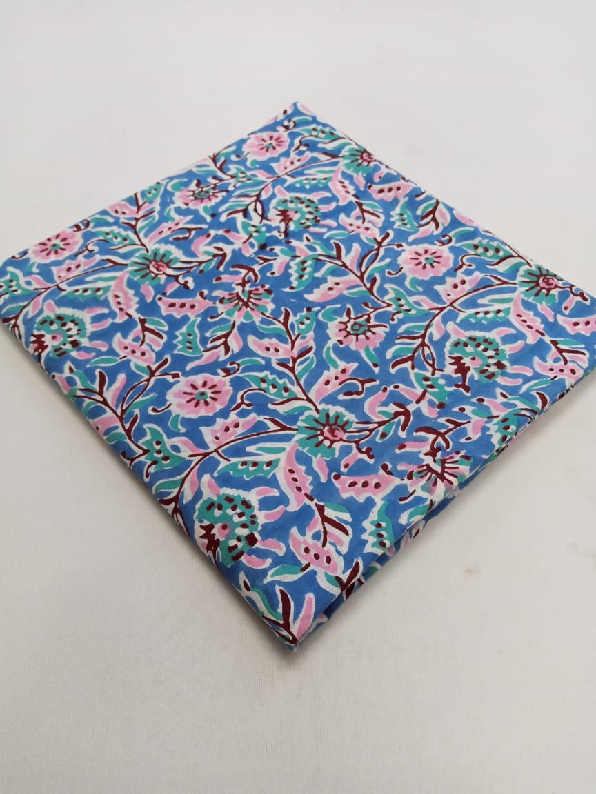 Blue Kalamkari Print Hand Block Pure Cotton Fabric - JBR34 – Jaipur Bazar