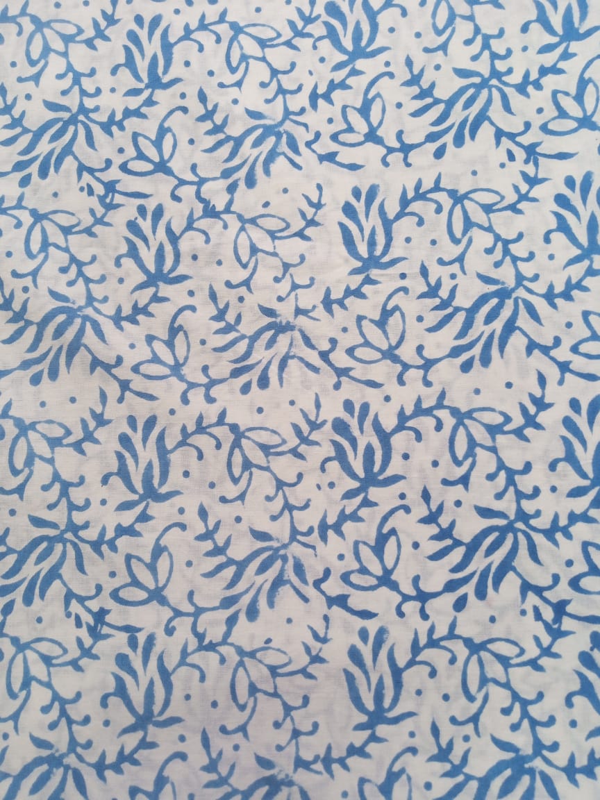 Blue Scroll Pattern Single Color Pure Cotton Hand Block Printed Fabric - JBR23