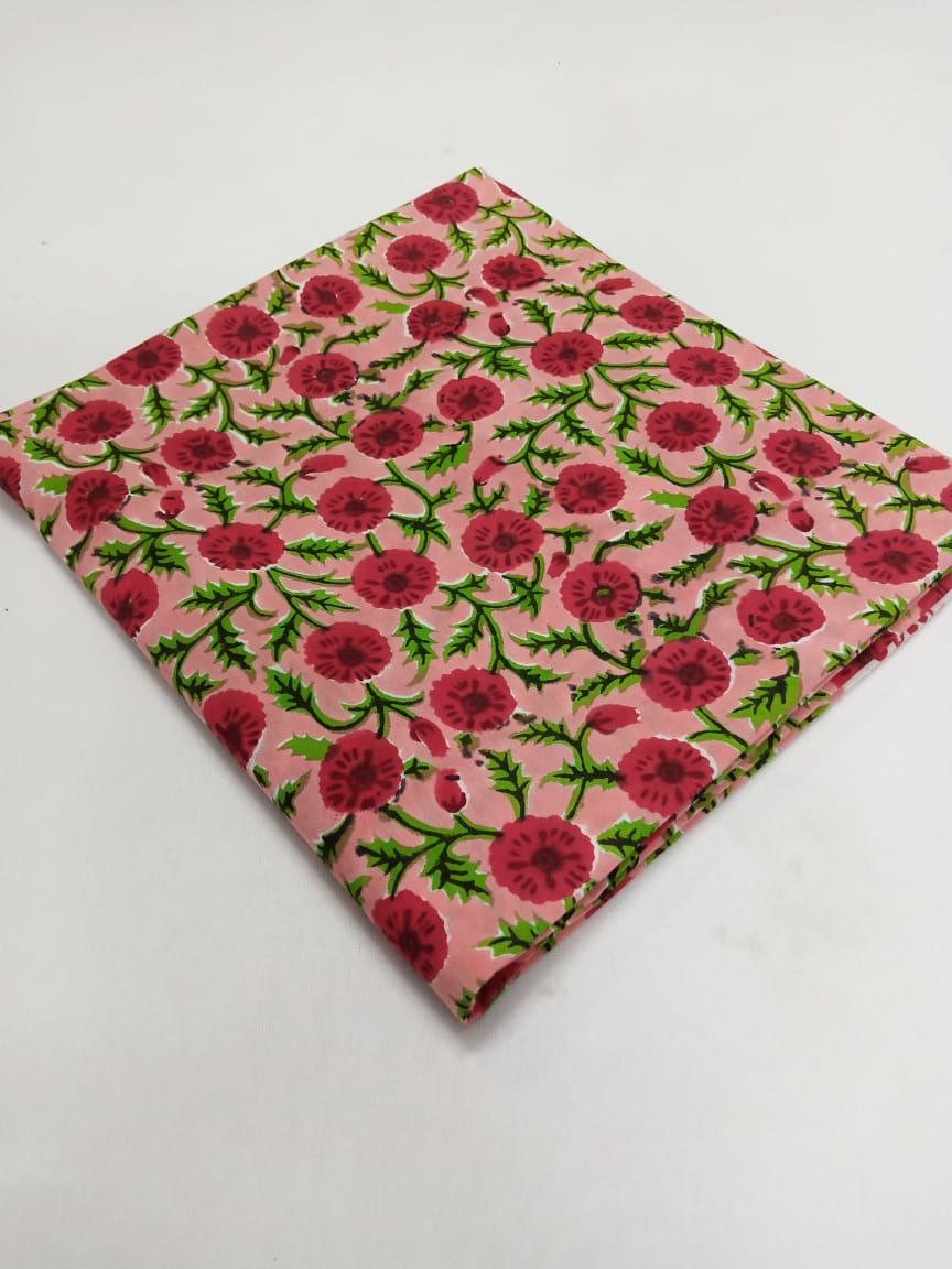 Peach with Red Florals Pure Cotton Hand Block Printed Fabric - JBR25 ...