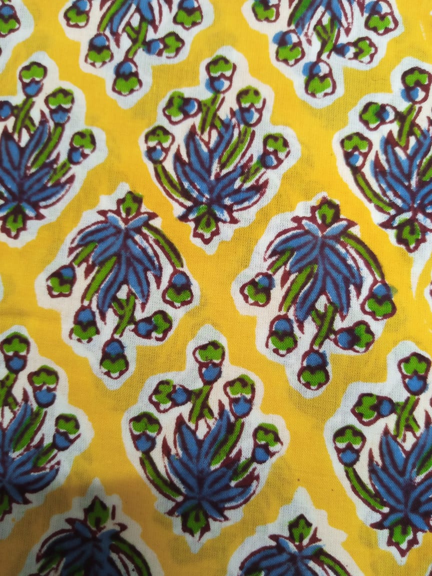 Yellow with Green & Blue Floral Buti Pattern Handblock Printed Pure Cotton Fabric - JBR10