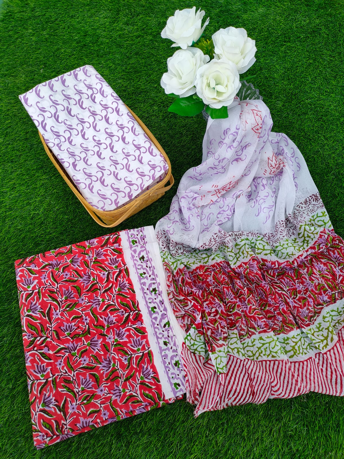 Hand Block Printed Chiffon Dupatta Salwar Suit Set - JBOCF16