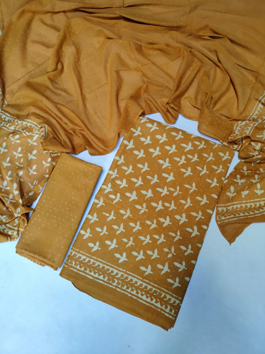 Hand Block Printed Pure Cotton Unstitched Salwar Suit Set With Cotton/Mulmul Dupatta - JB433