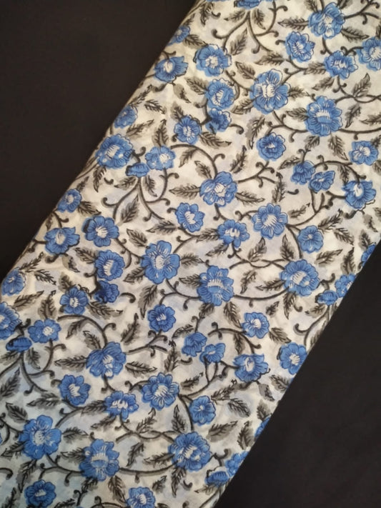 White Base Pure Cotton Hand Block Printed Fabric In Running Length - JBRH189