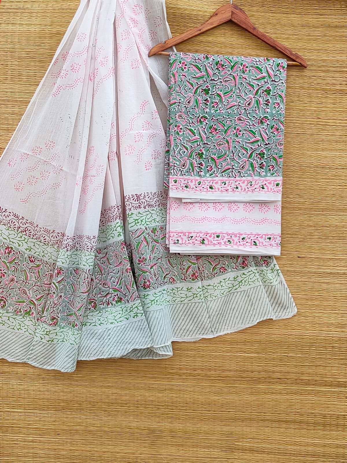 Pure Cotton Hand Block Unstitched Salwar Suit Set With Cotton/Mulmul Dupatta - JBCM889