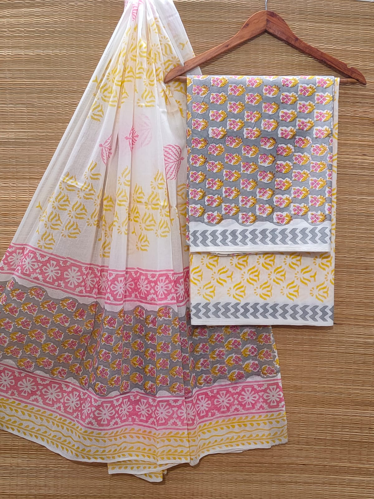 Hand Block Cotton Unstitched Salwar Suit With Cotton/Mulmul Dupatta - JBOCM124